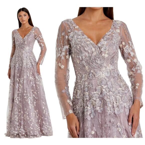 Mac Duggal 20402 Lilac Floral Purple Embroidered Lace Long Sleeve Gown Dress 4 - Picture 1 of 14
